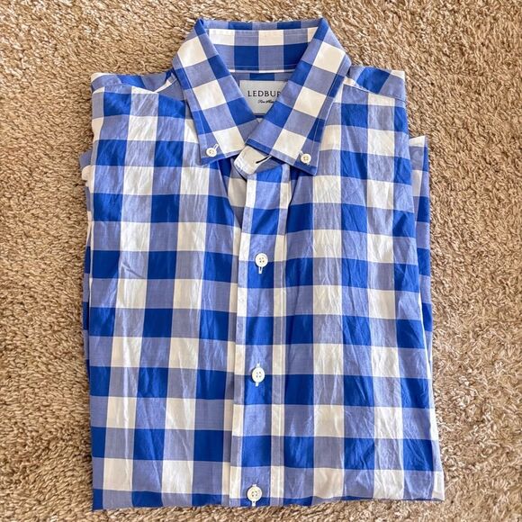 Ledbury Slim Fit Blue and White Button Down Large - Picture 3 of 8